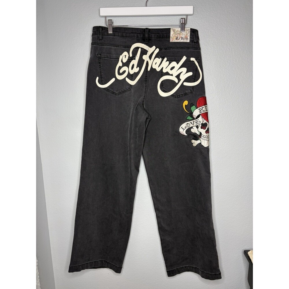 Ed Hardy Jeans Womens 32 Wide Leg Loose Jeans Black Love Kills Slowly Y2K Style